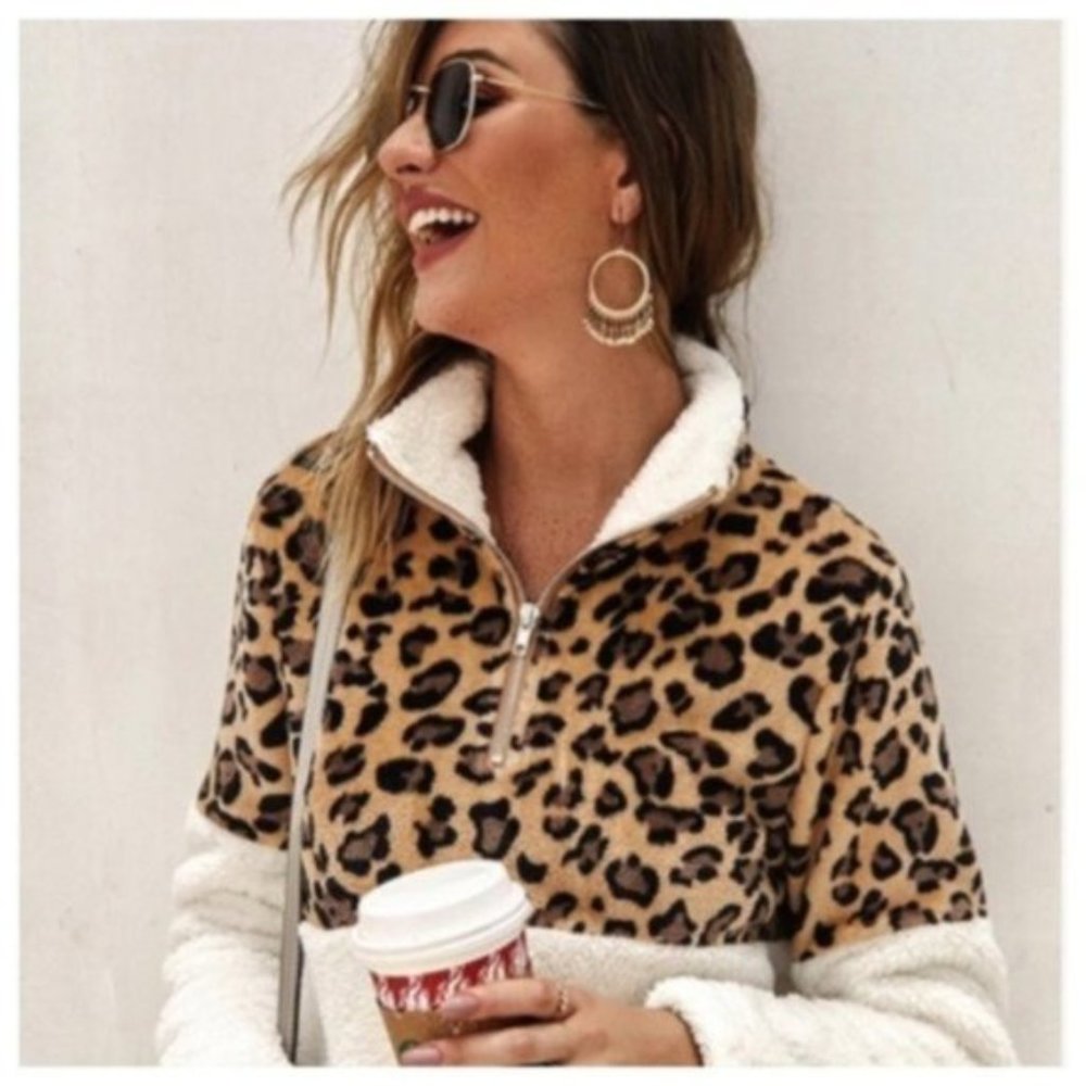 Leopard Fleece Sherpa 1/4 Zip Pullover Sweatshirt Women Size Large - Picture 6 of 6